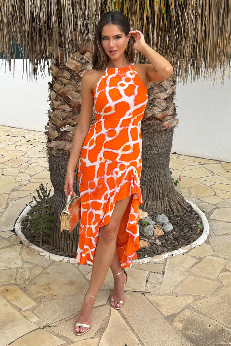 Orange Giraffe Print Racer Neck High Low Frill Hem Midi Dress - Swimclubus