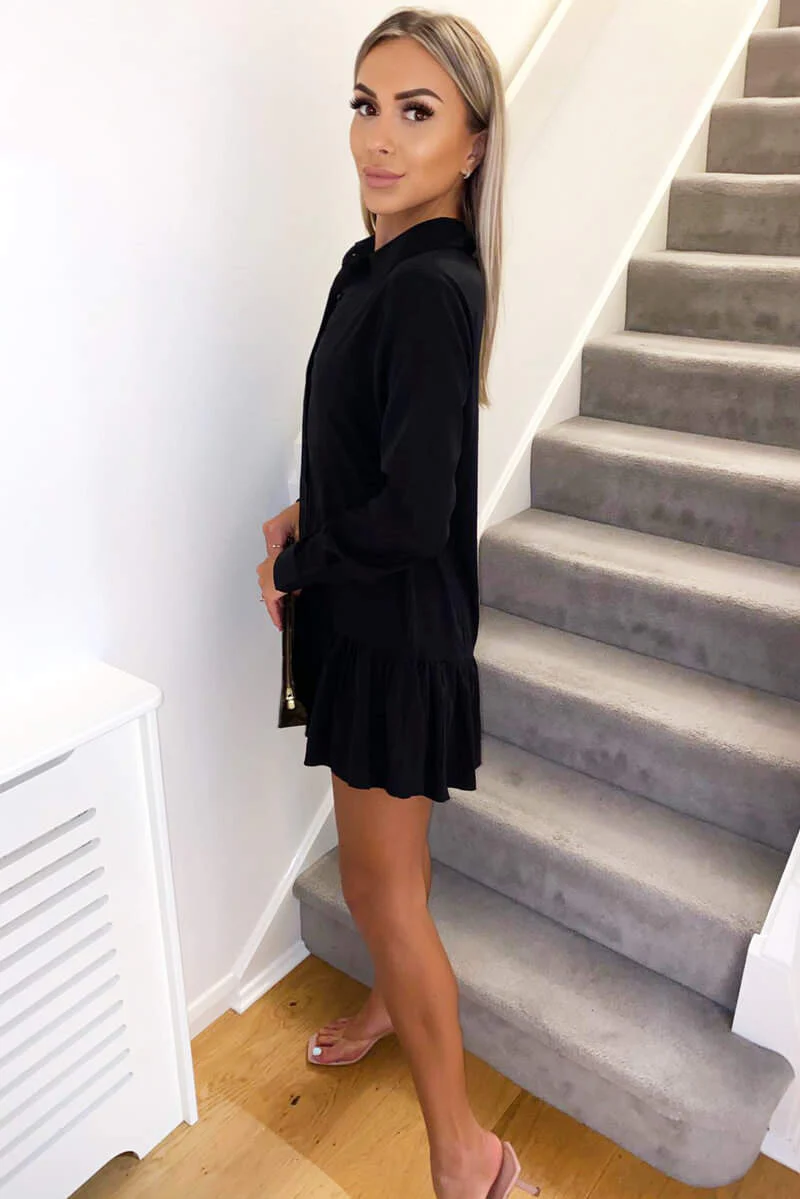 Black Frill Hem Shirt Dress - Swimclubus