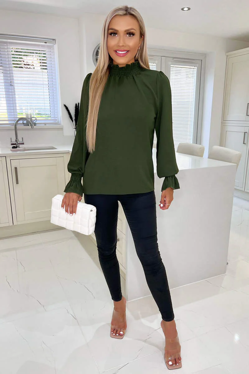 Olive Elasticated Cuff And Neck Long Sleeve Top - Swimclubus