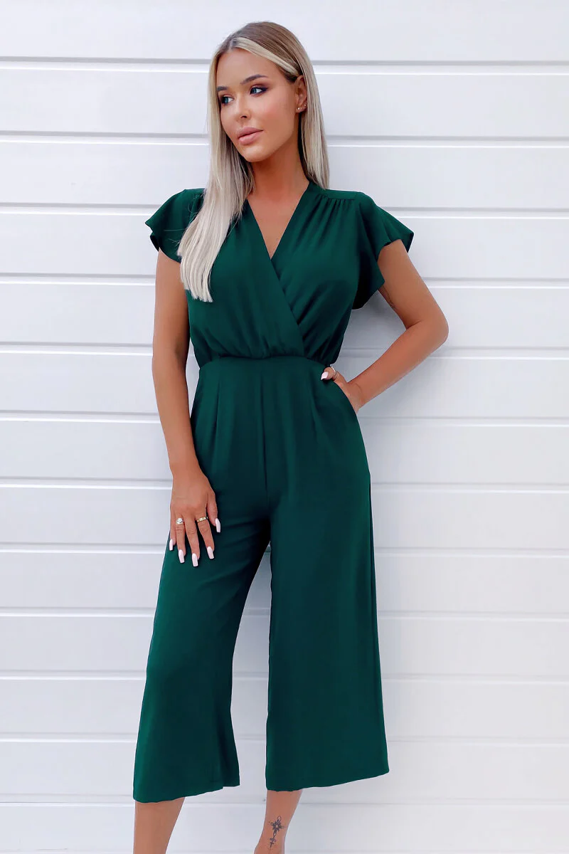Teal Frill Sleeve Wrap Jumpsuit - Swimclubus
