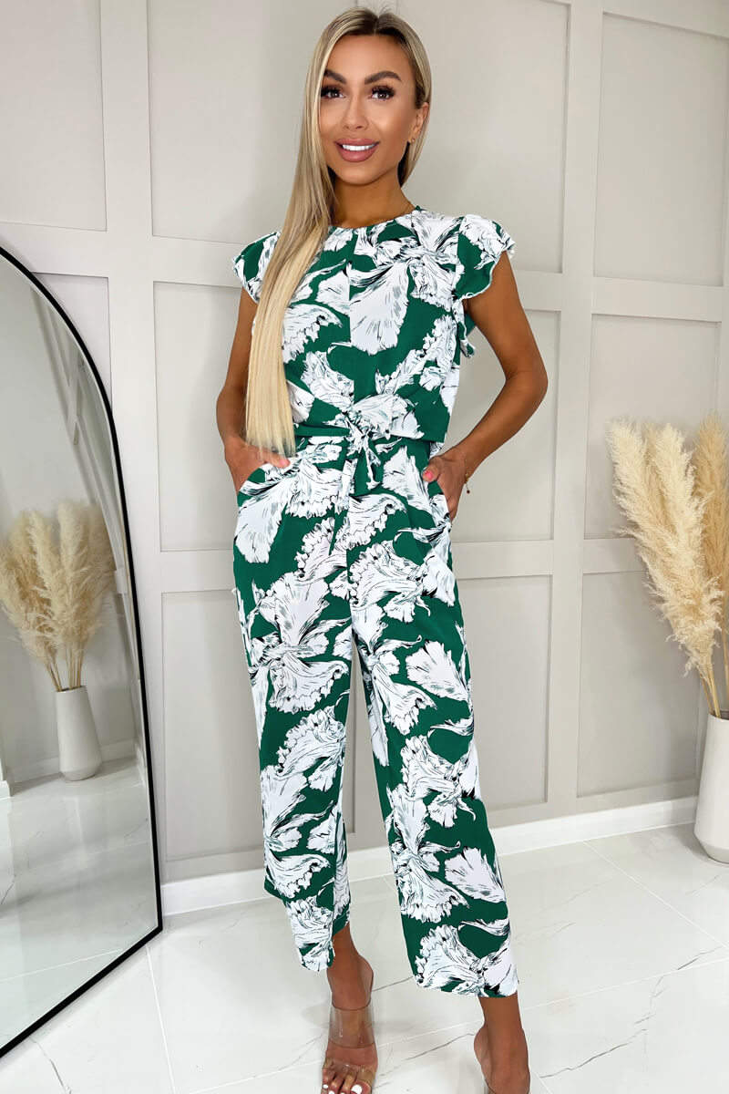 Green And White Floral Frill Sleeve Tie Waist Playsuit - Swimclubus