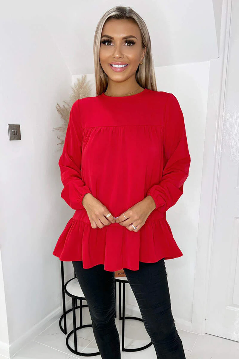Red Long Sleeve Round Neck Smock Top - Swimclubus
