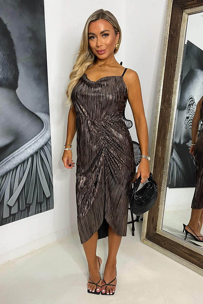 Bronze Plisse Strappy Cowl Neck Gathered Skirt Midi Dress - Swimclubus