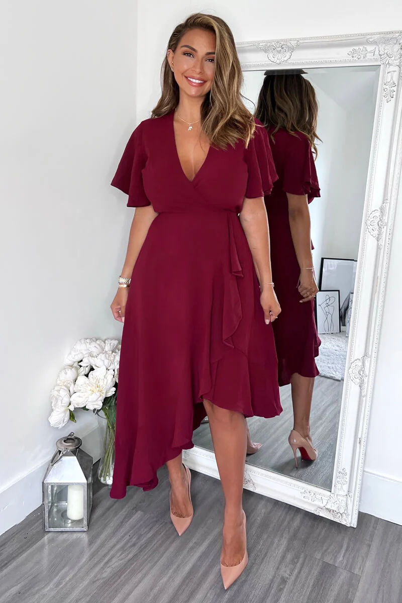 Plum Wrap Over Top Frill Hem Midi Dress - Swimclubus