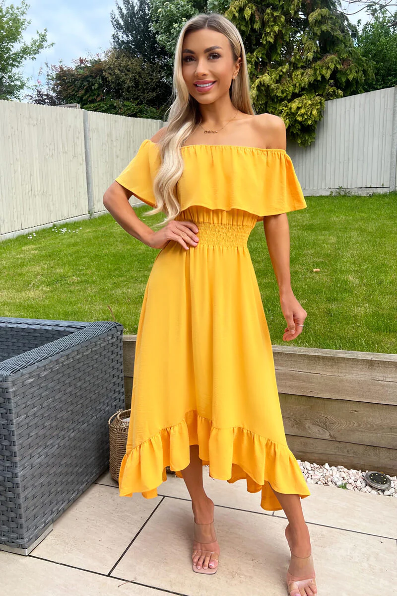 Yellow Bardot Style Midi Dress - Swimclubus