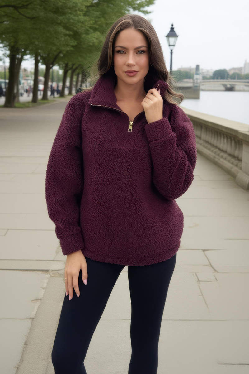 Burgundy 1/4 Zip Teddy Sweatshirt - Swimclubus
