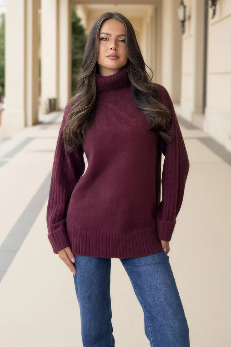 Burgundy Roll Neck Rib Detail Jumper - Swimclubus