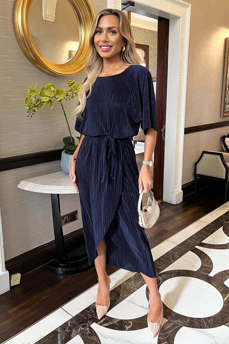Navy Short Sleeve Tie Waist Plisse Midi Dress - Swimclubus