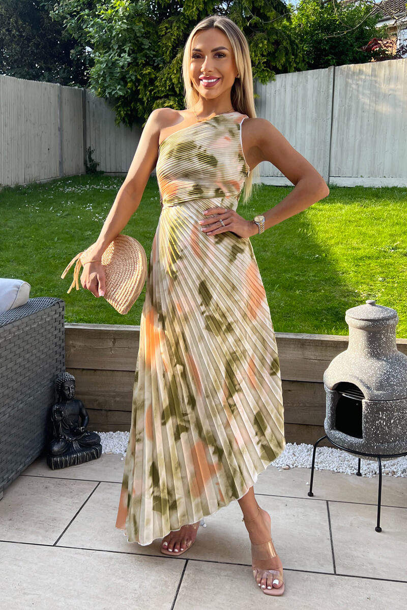 Multi Marble Print One Shoulder Pleated Satin Midi Dress - Swimclubus