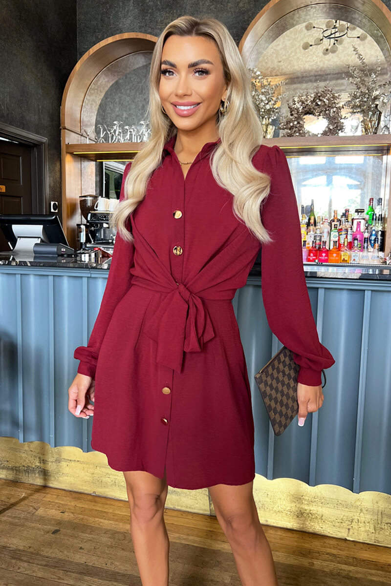 Wine Button Tie Front Mini Shirt Dress - Swimclubus