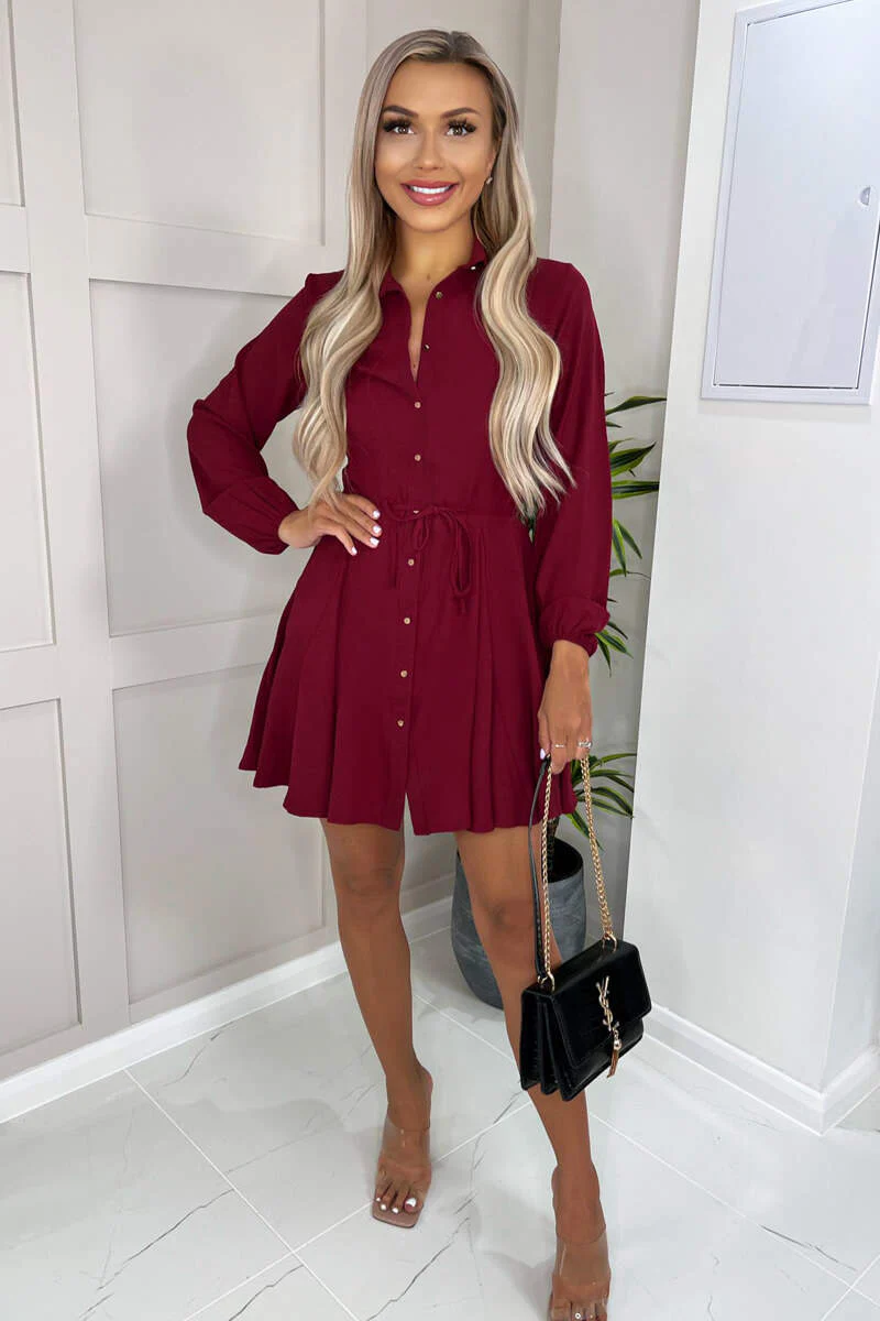 Wine Long Sleeve Belted Pleated Skater Dress - Swimclubus