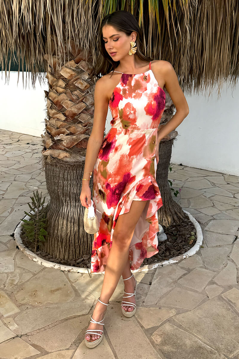 Peach Smudge Print Racer Neck High Low Frill Hem Midi Dress - Swimclubus