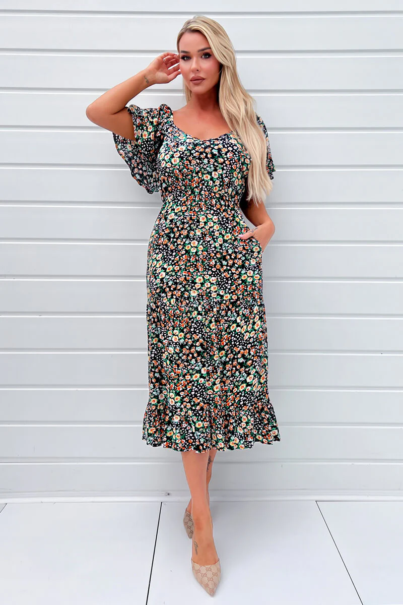 Multi Ditsy Printed Flutter Sleeve Midi Dress - Swimclubus