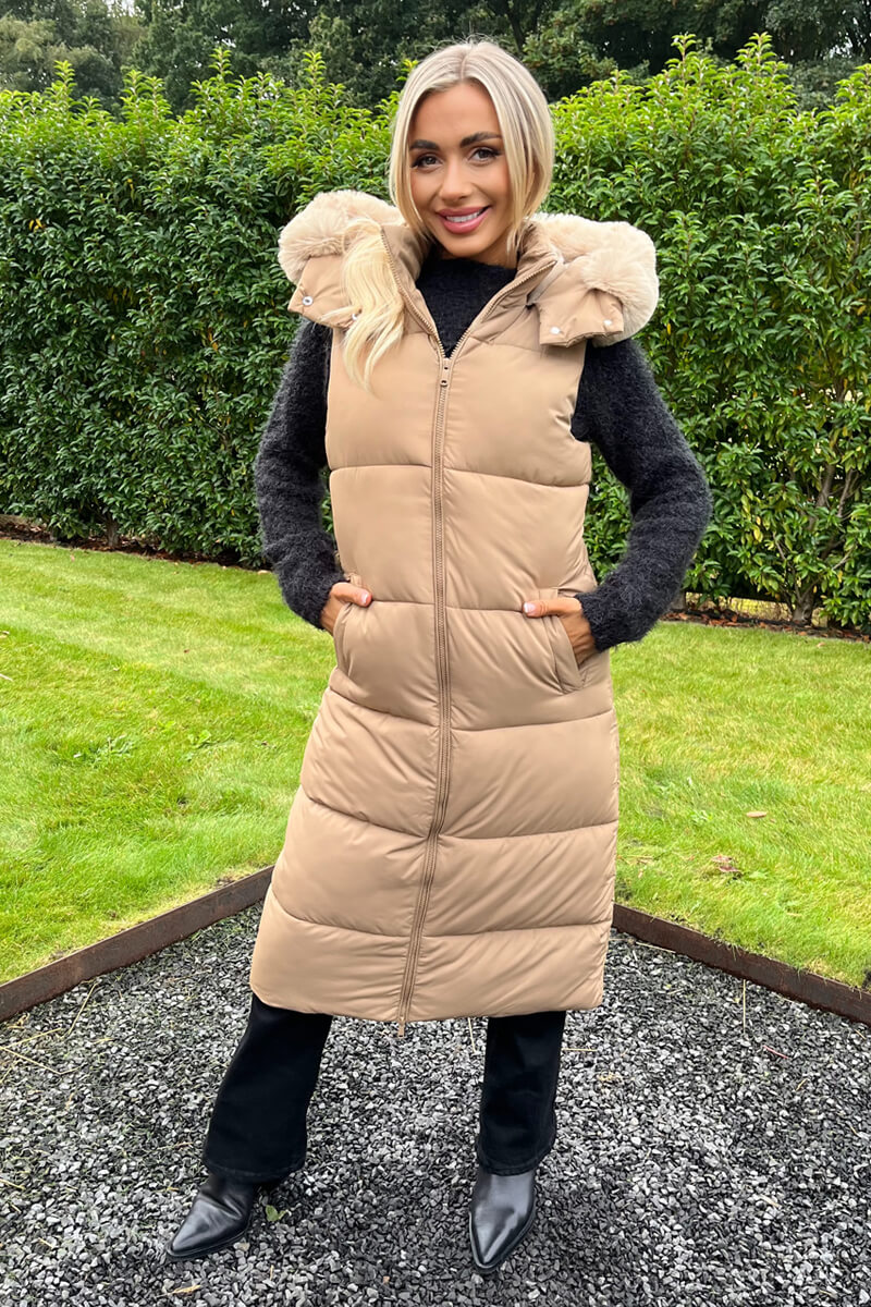 Biscuit Faux Fur Hooded Longline Padded Gilet - Swimclubus