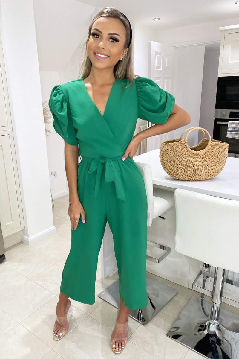 Green Wrap Over Tie Waist Jumpsuit - Swimclubus