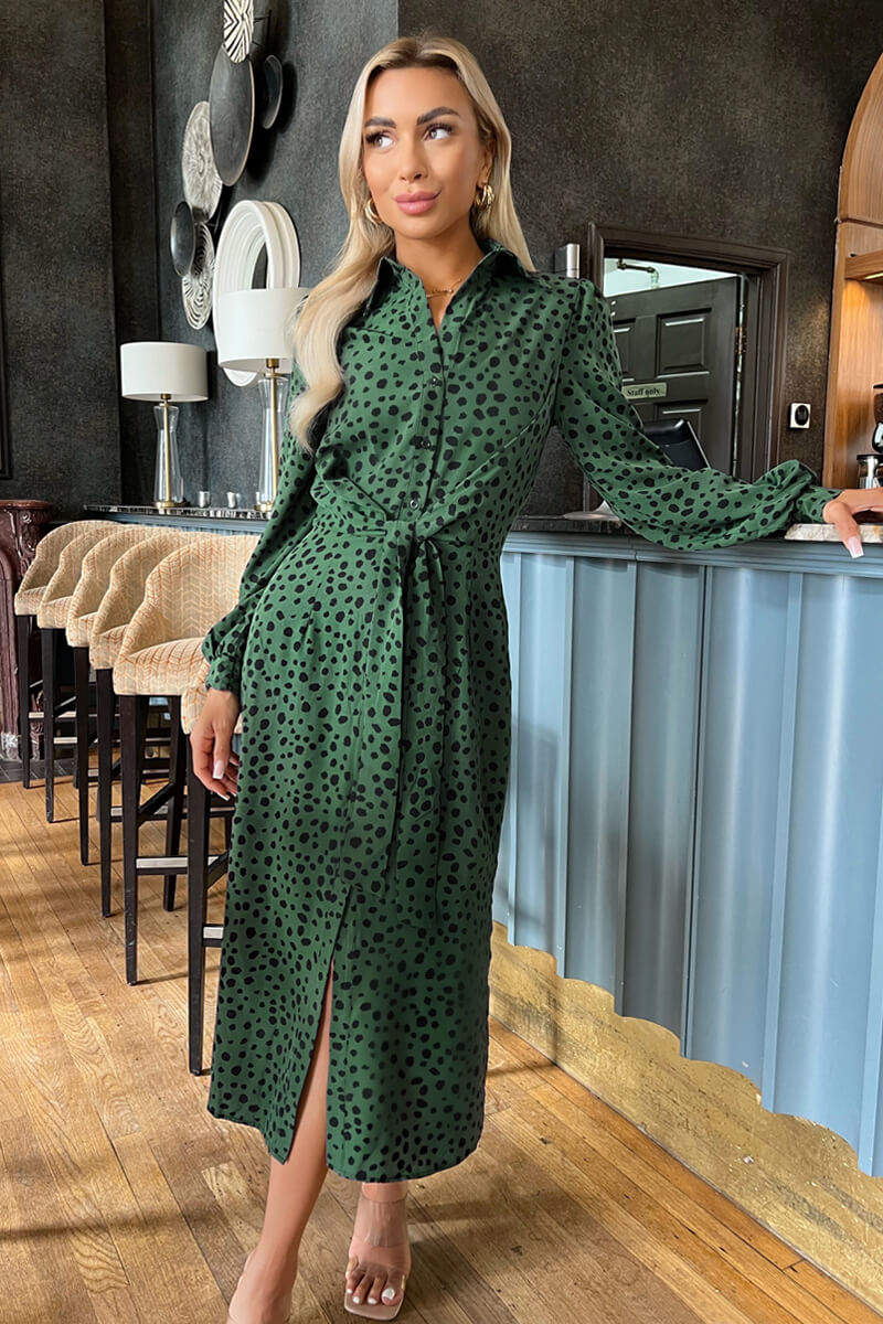 Teal Printed Tie Waist Button Front Shirt Midi Dress - Swimclubus
