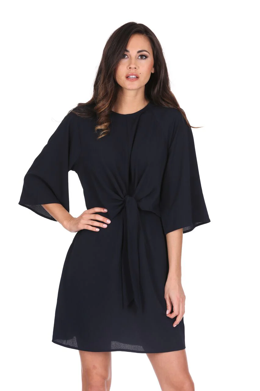 Navy Tie Waist Flared Mini Dress - Swimclubus