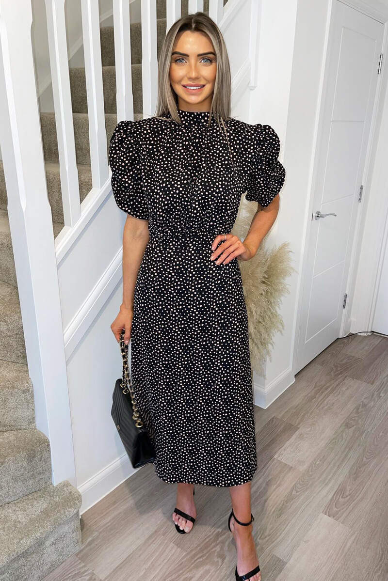 Black and Pink Polka Dot Puff Sleeve Midi Dress - Swimclubus
