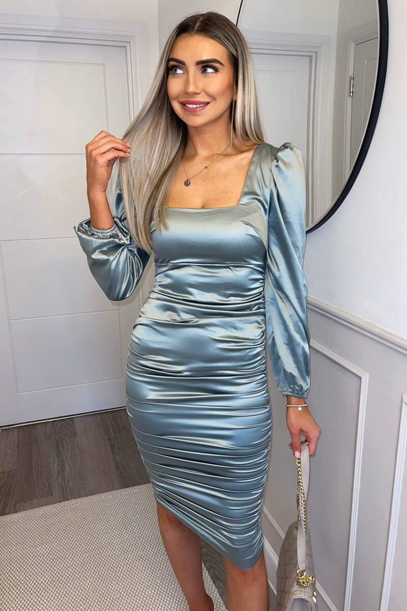Duck Egg Satin Square Neck Ruched Dress - Swimclubus