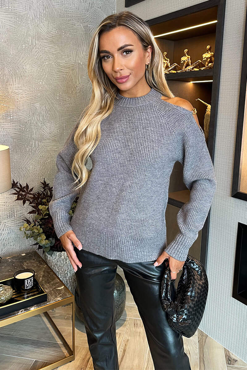 Mid- Grey Cut Out Shoulder Chain Detail Knit Jumper - Swimclubus