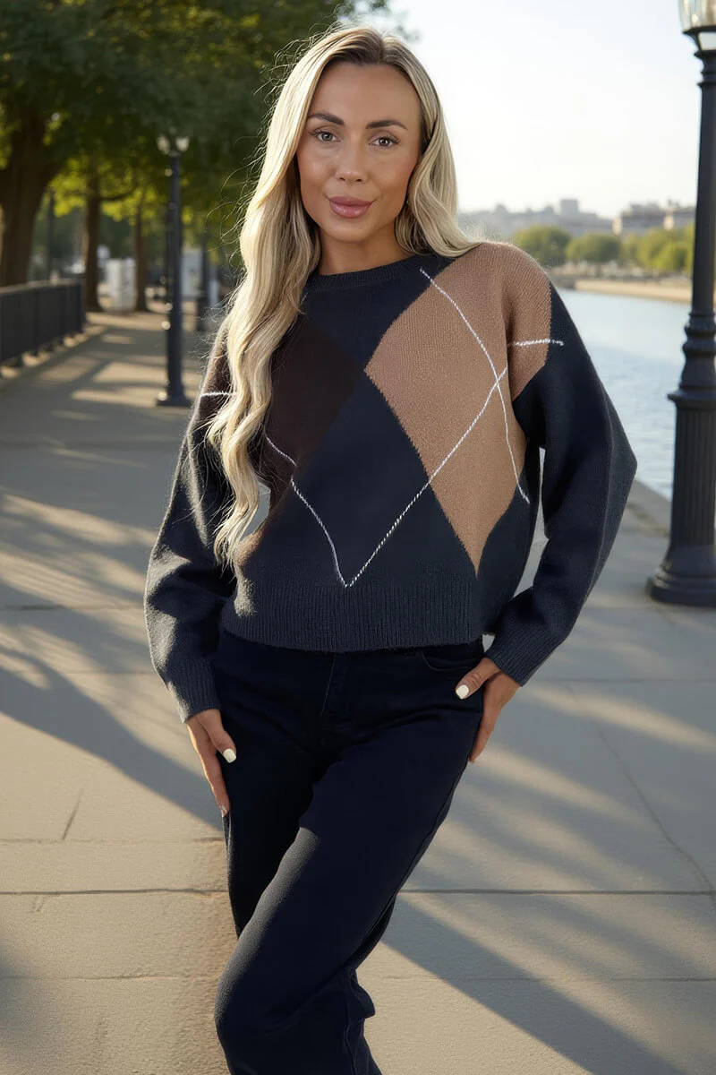 Multi Argyle Crew Neck Jumper - Swimclubus