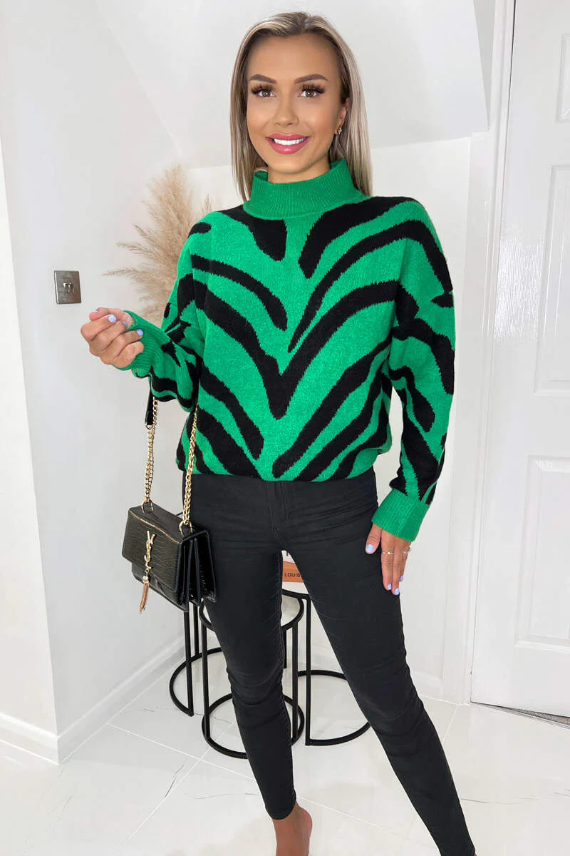 Green Animal Print Long Sleeve High Neck Soft Knitted Jumper - Swimclubus