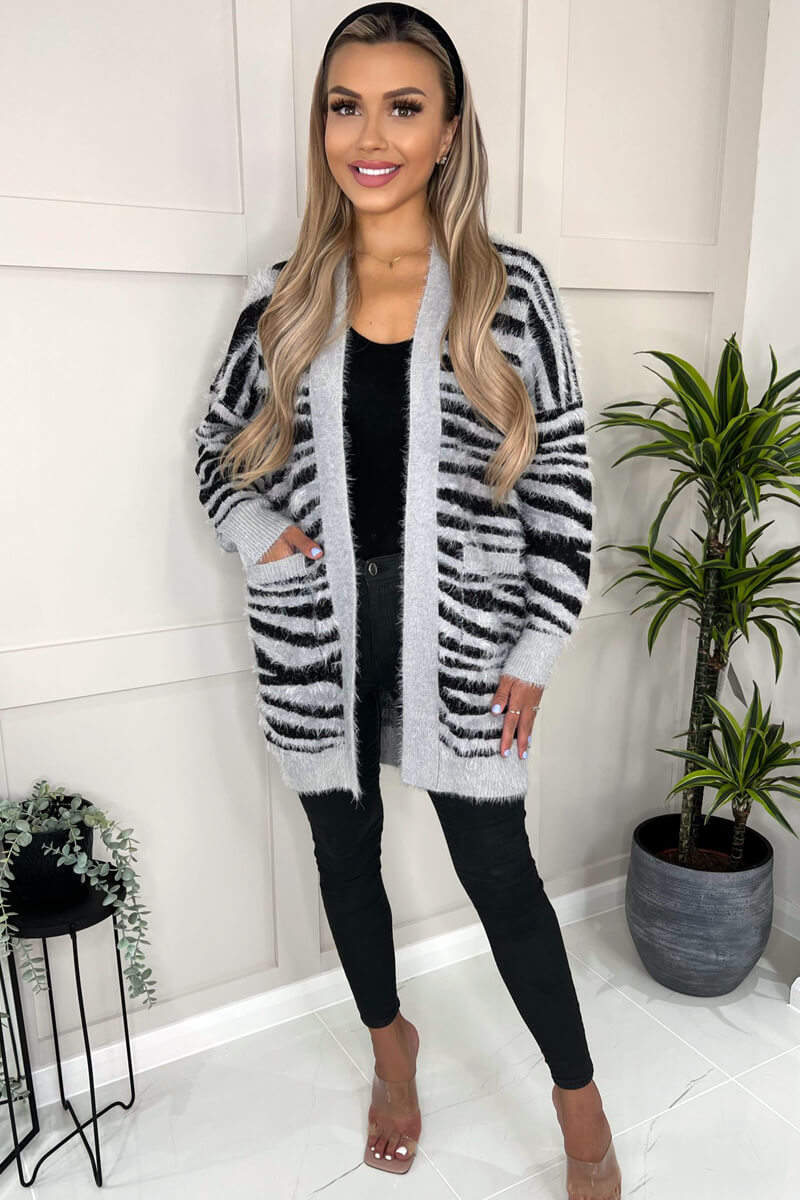 Grey And Black Fluffy Knit Long Sleeve Animal Print Cardigan - Swimclubus