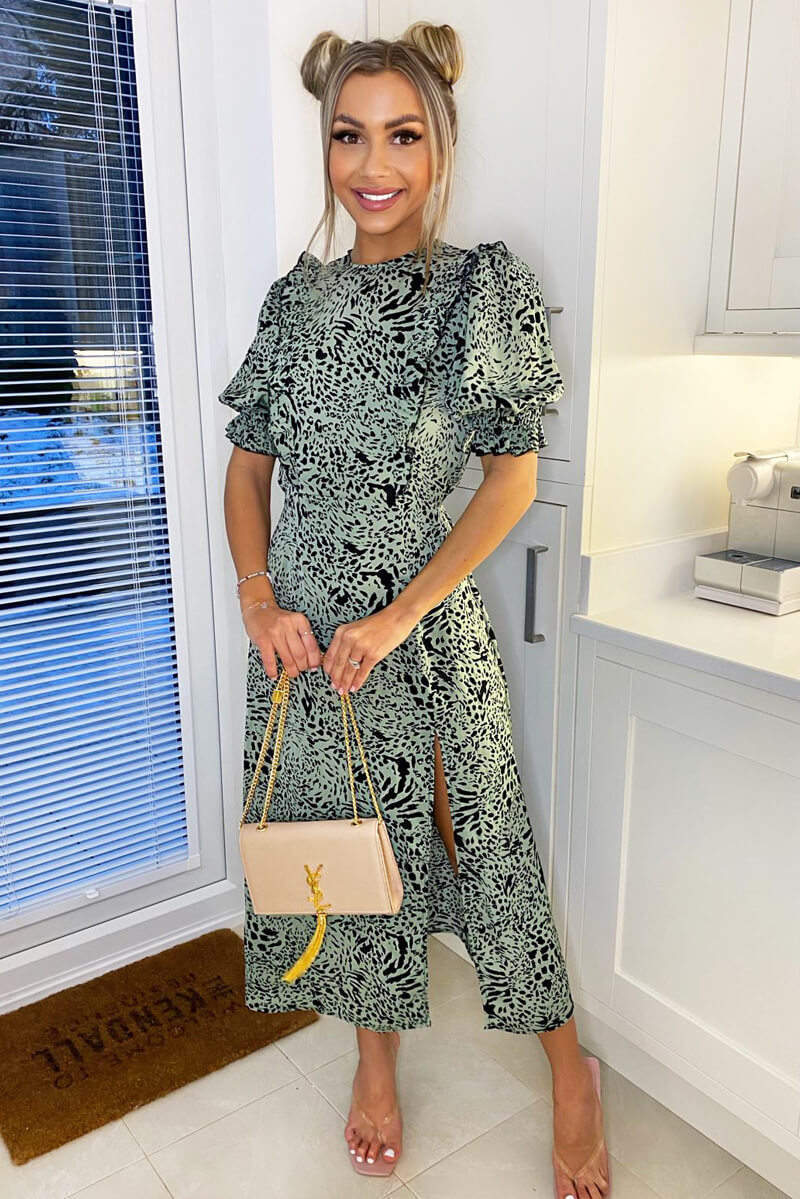 Mint Animal Print Pleat Frill Midi Dress - Swimclubus