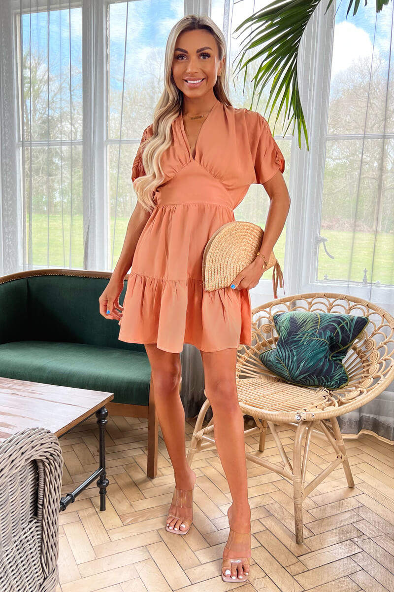 Terracotta Short Sleeve Tie Back V Neck Mini Dress - Swimclubus