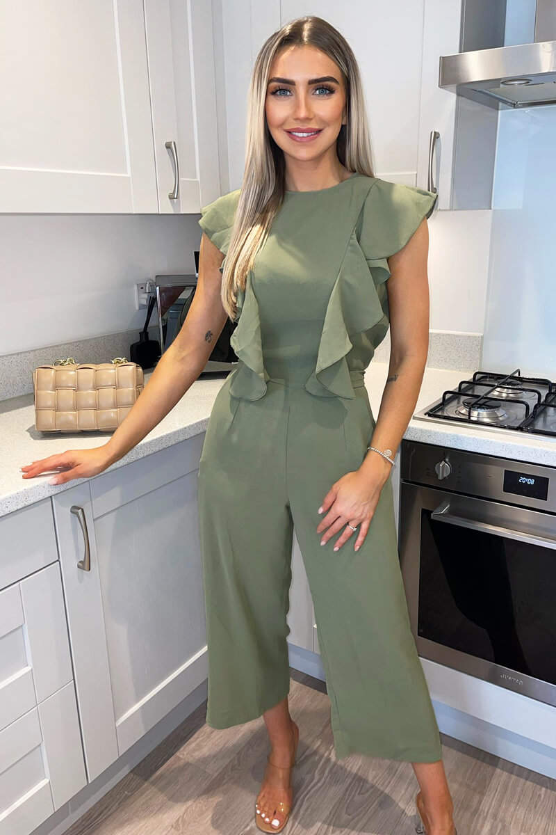 Khaki Frill Front Belted Jumpsuit - Swimclubus