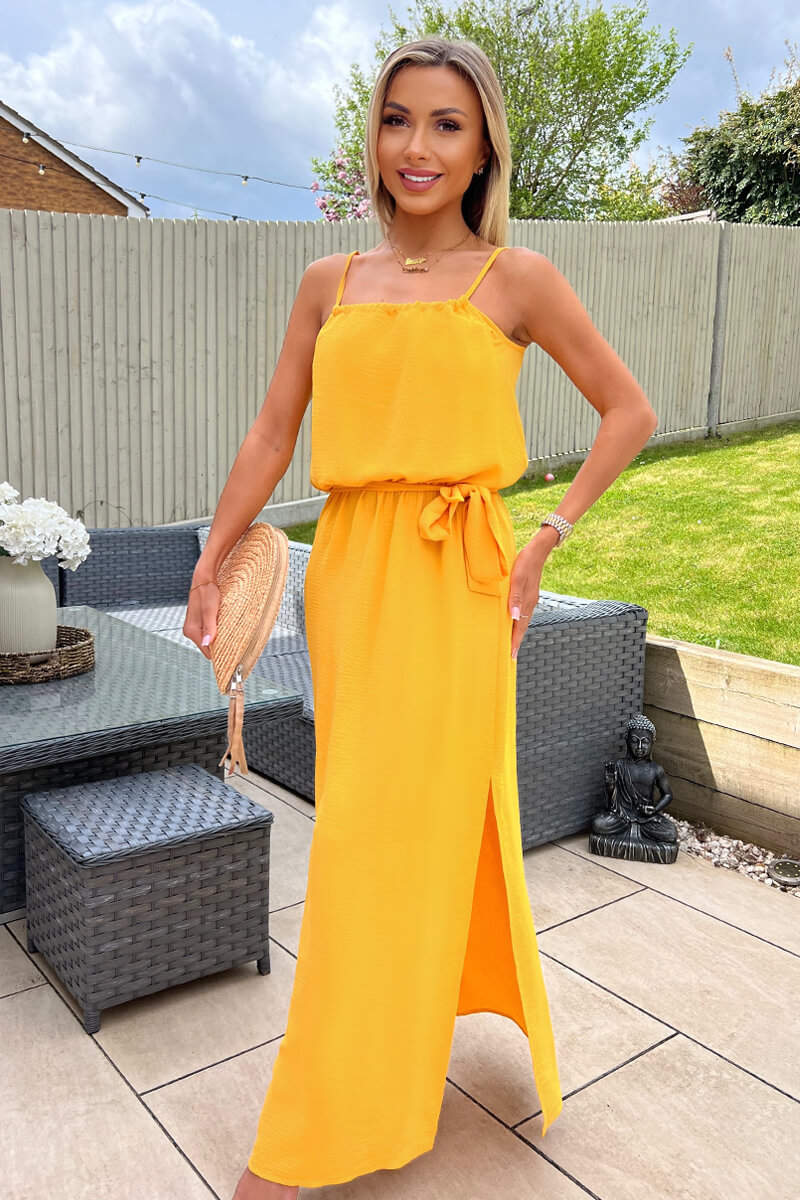 Yellow Tie Waist Strappy Split Leg Midi Dress - Swimclubus
