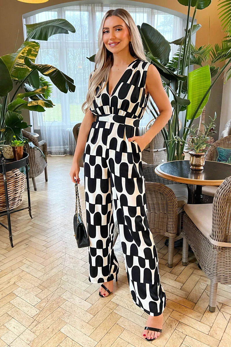 Black And Cream Abstract Print Jumpsuit - Swimclubus