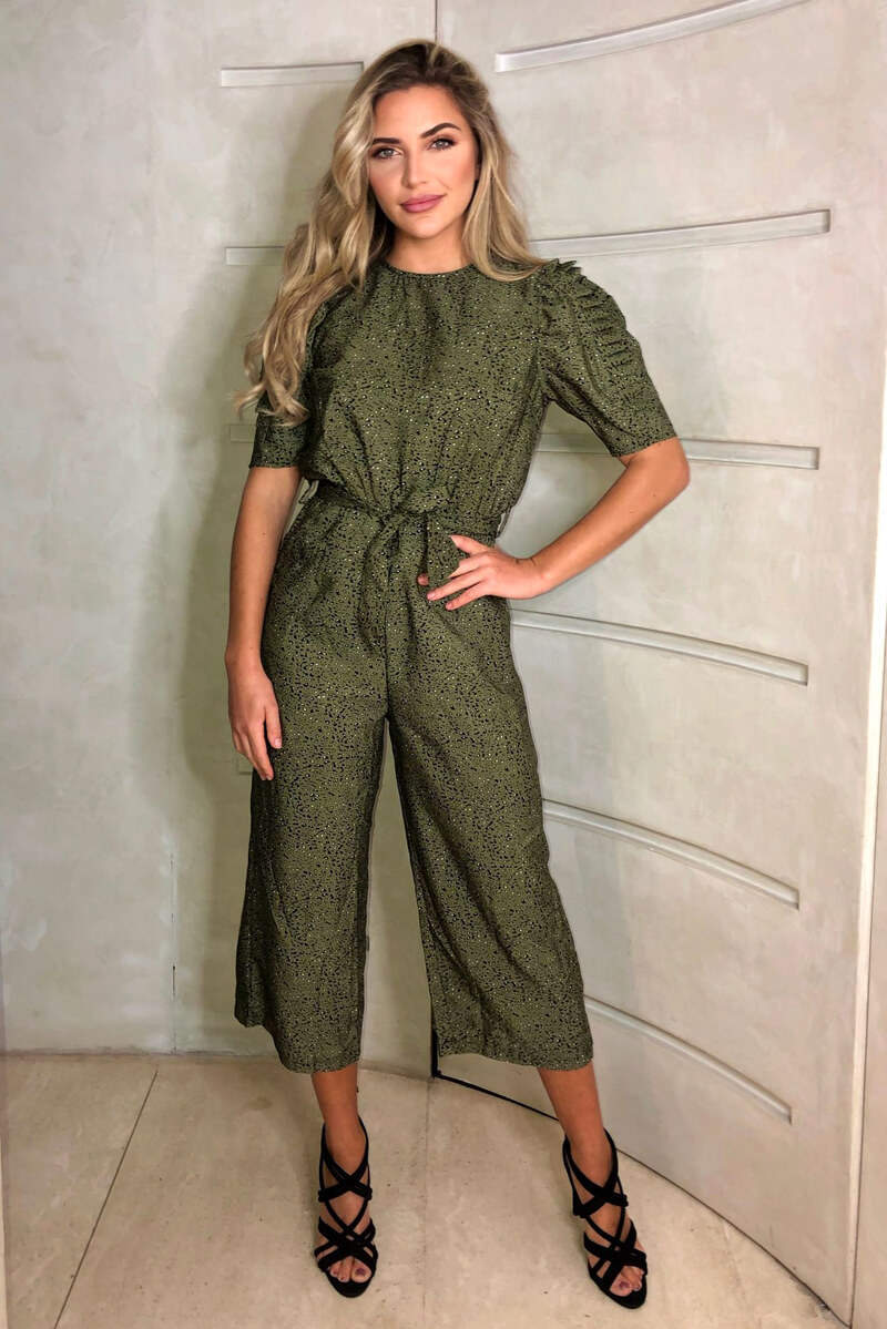 Khaki Printed Pleated Short Sleeve Jumpsuit - Swimclubus