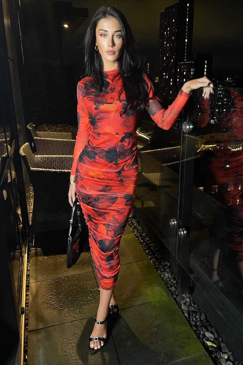 Red Printed Mesh Long Sleeve Bodycon Midi Dress - Swimclubus