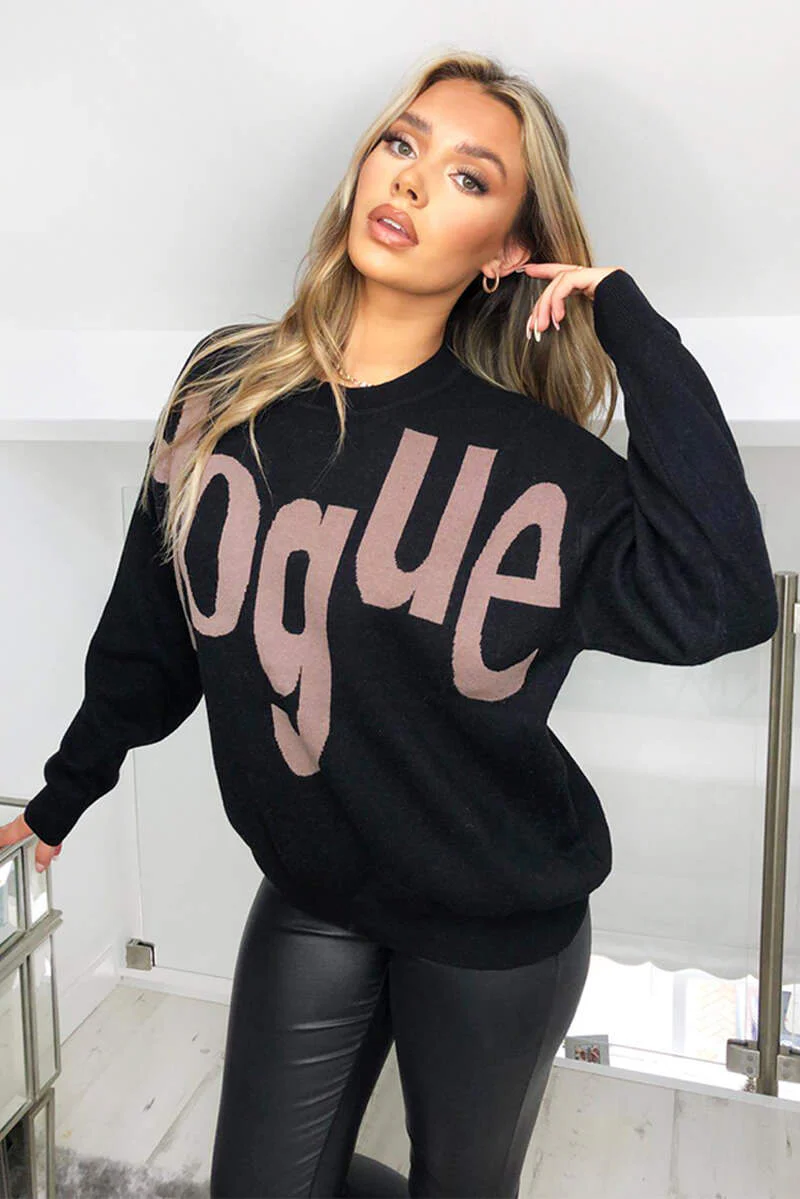 Black V Slogan Knitted Jumper - Swimclubus