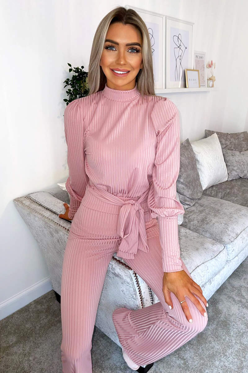 Dusty Pink Ribbed Tie Waist Lounge Set - Swimclubus