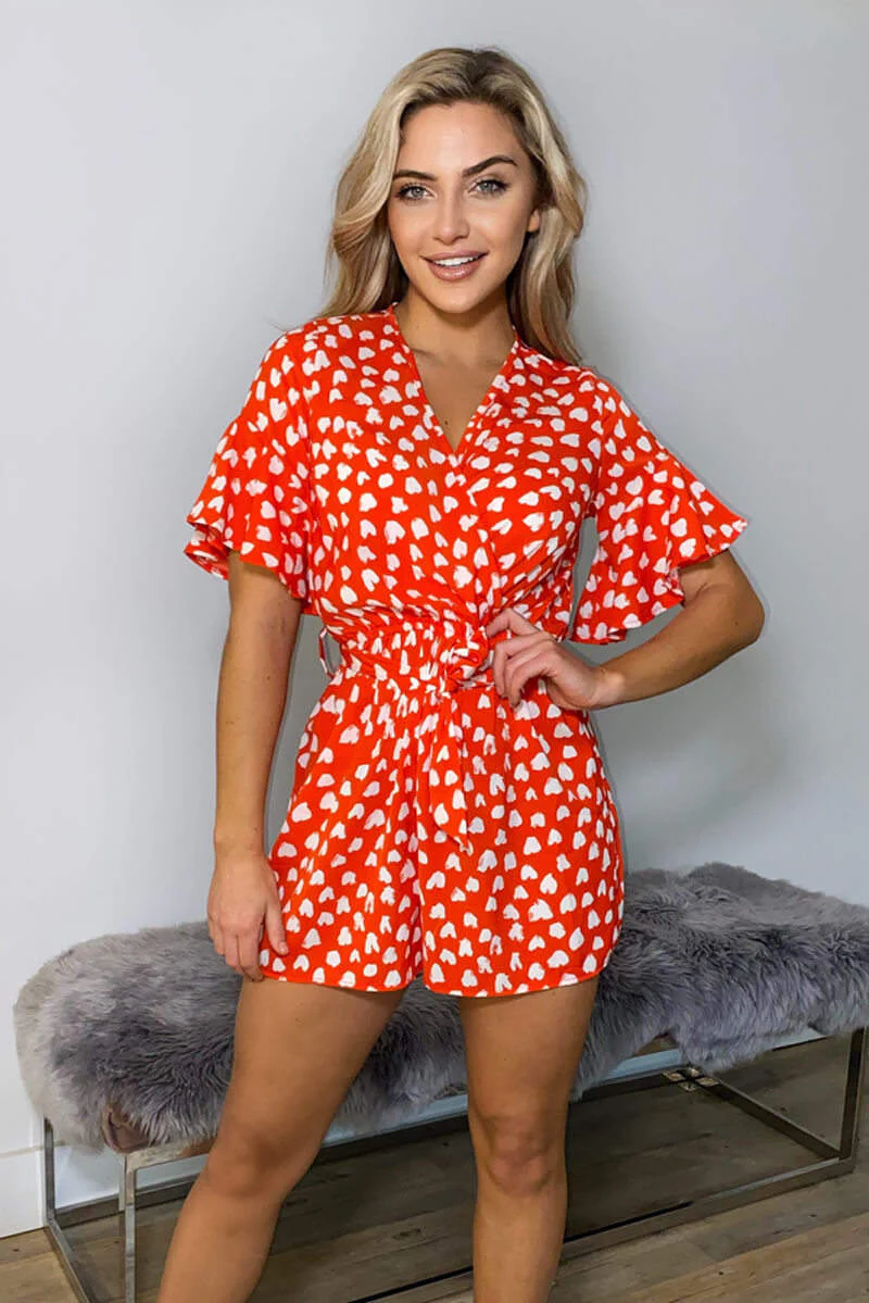 Red Heart Print Wrap Playsuit - Swimclubus