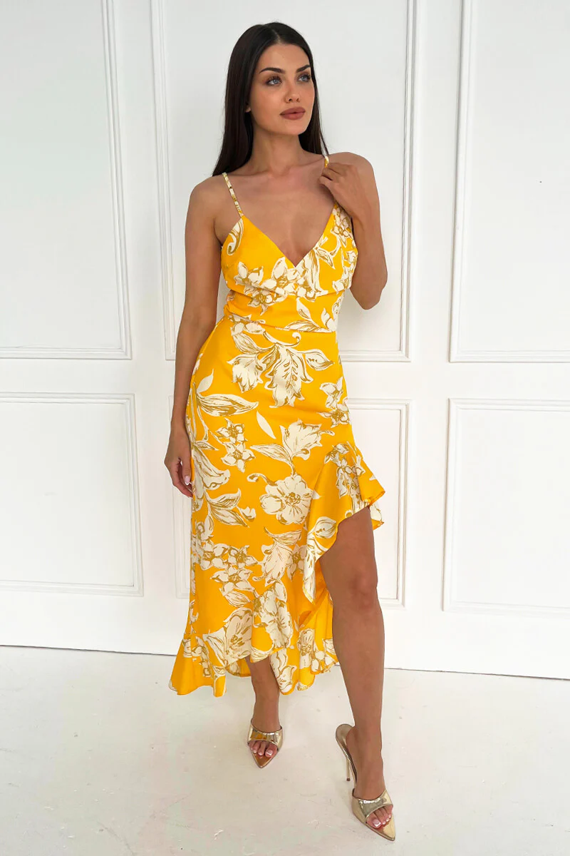 Yellow Floral Printed Strappy High Low Frill Hem Midi Dress - Swimclubus