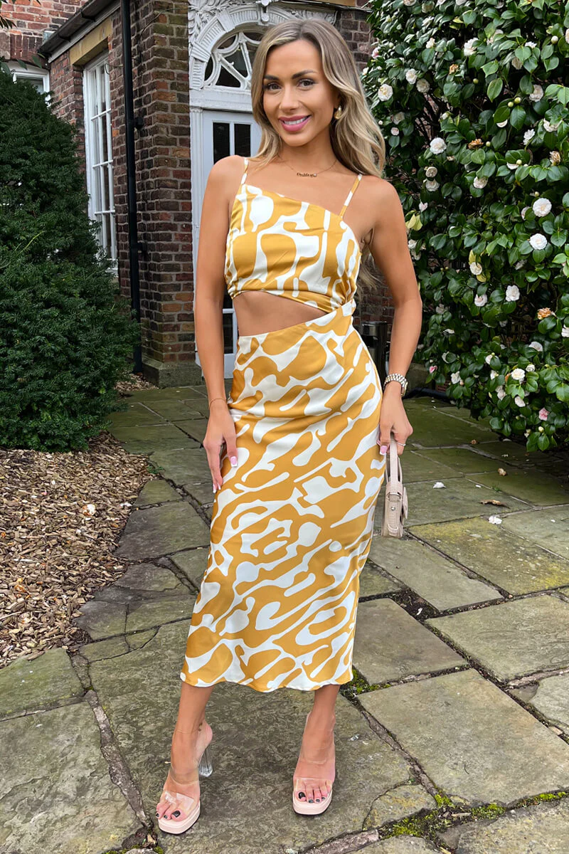 Mustard Abstract Print Asymmetric Cut Out Midi Dress - Swimclubus