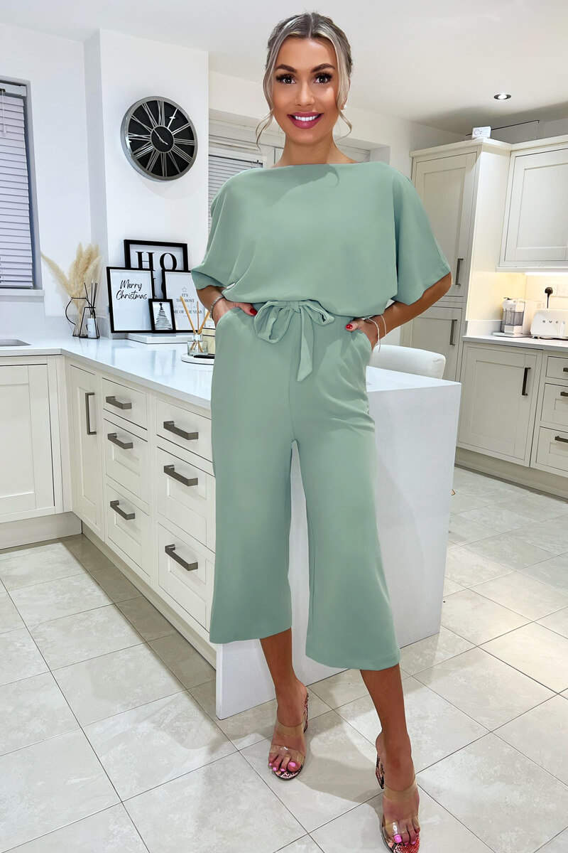 Duck Egg Tie Waist Short Sleeve Culotte Jumpsuit - Swimclubus