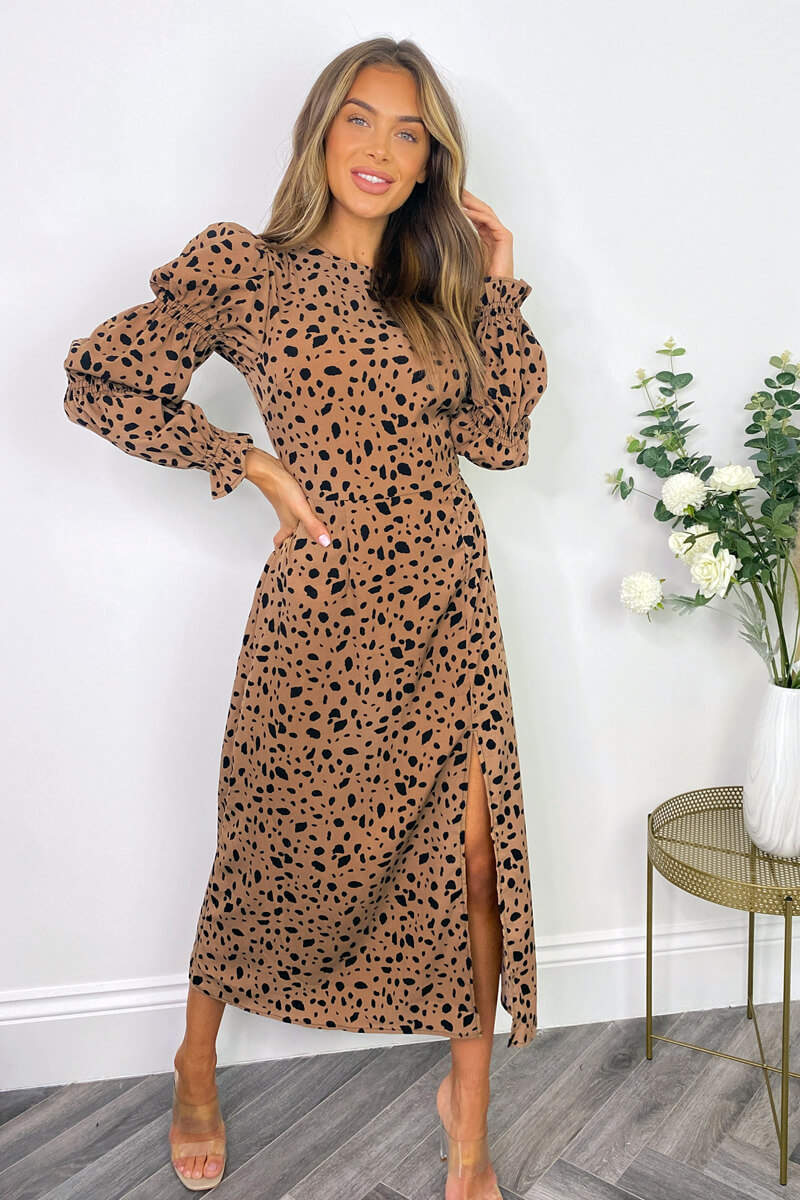Camel Spot Print Elasticated Sleeve Midi Dress - Swimclubus
