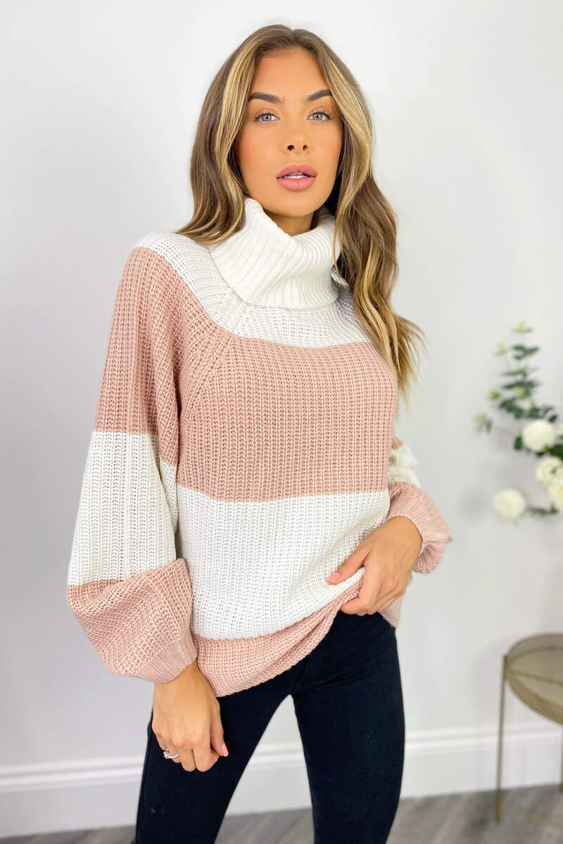 Pink And Cream Block Colour Knitted Jumper - Swimclubus
