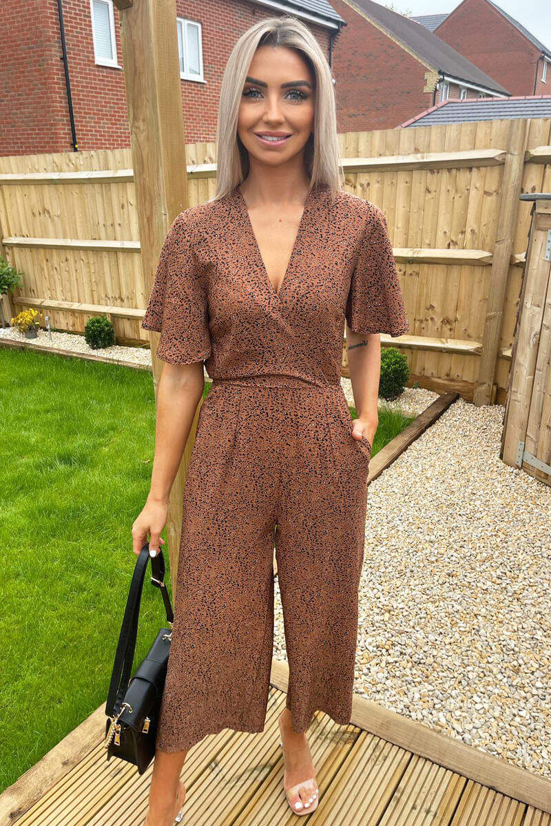 Tan Printed Wrap Top Jumpsuit - Swimclubus
