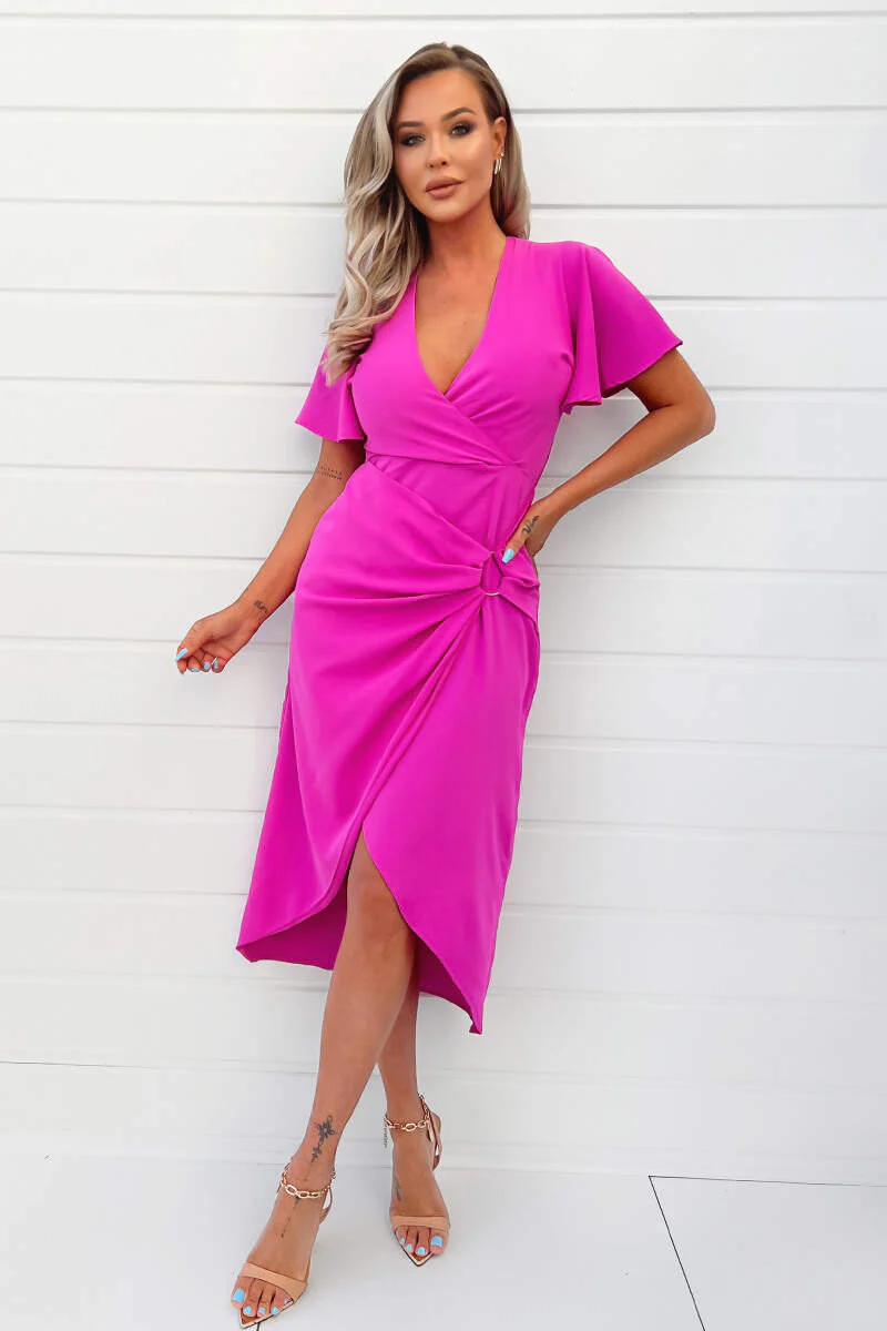 Hot Pink Short Sleeve V-Neck Buckle Wrap Midi Dress - Swimclubus