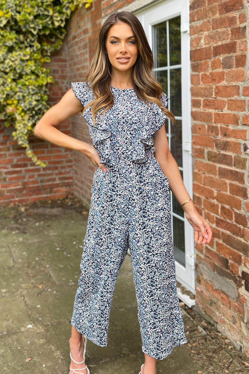Blue Printed Frill Front Jumpsuit - Swimclubus