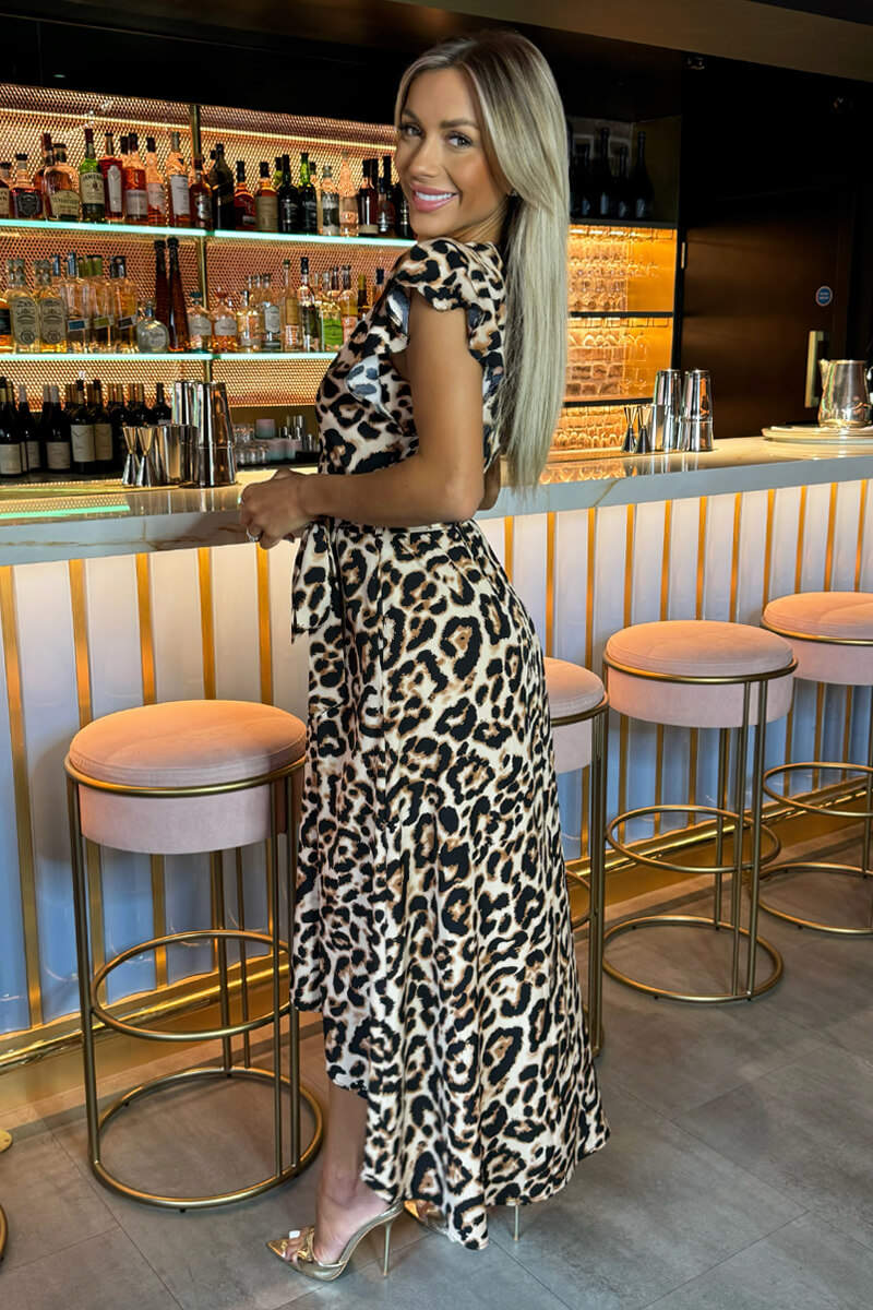 Multi Leopard Print Short Sleeve Belted Wrap Midi Dress - Swimclubus