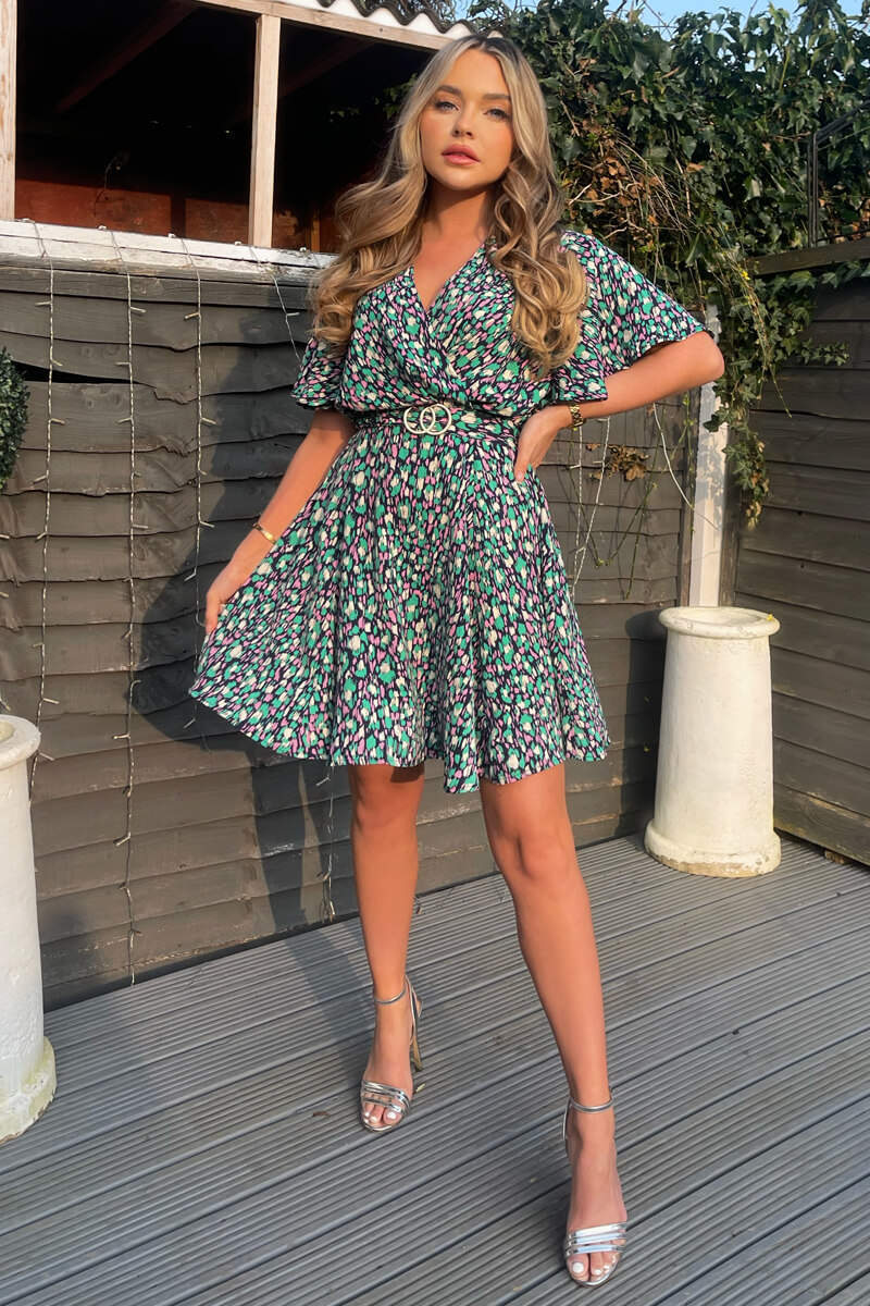 Navy And Green Printed Wrap Over Belted Skater Dress - Swimclubus