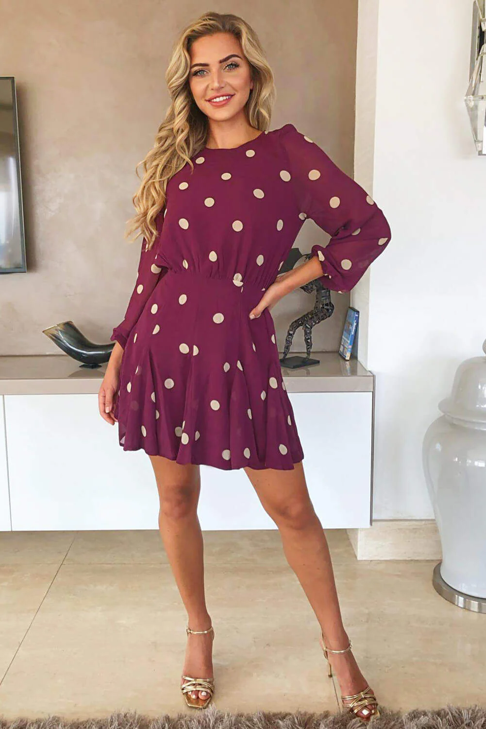 Wine Spotty Pleated Skirt Dress - Swimclubus