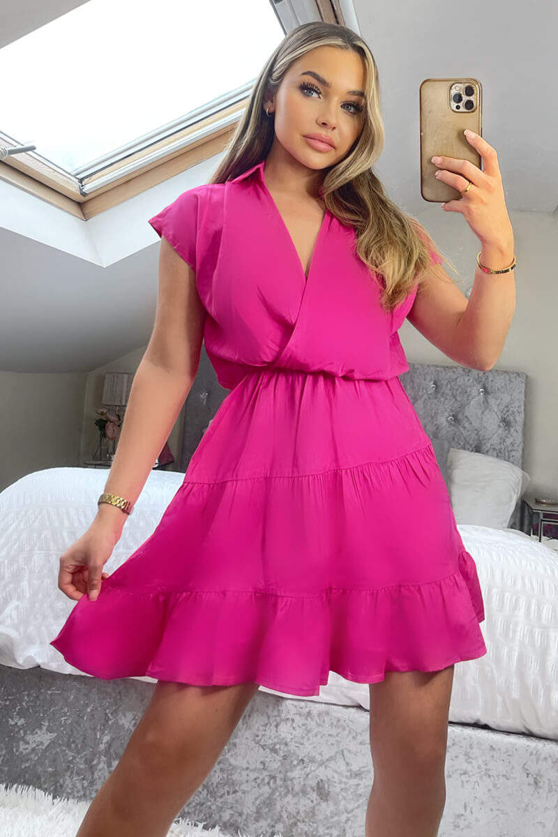 Hot Pink Short Sleeve V-Neck Mini Smock Dress - Swimclubus