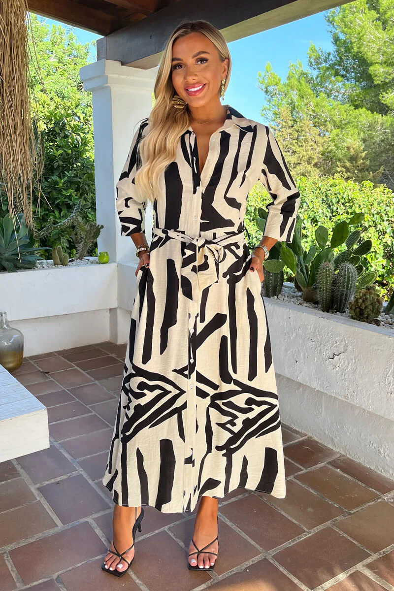 Black And Cream Abstract Print 3/4 Sleeve Shirt Midi Dress - Swimclubus